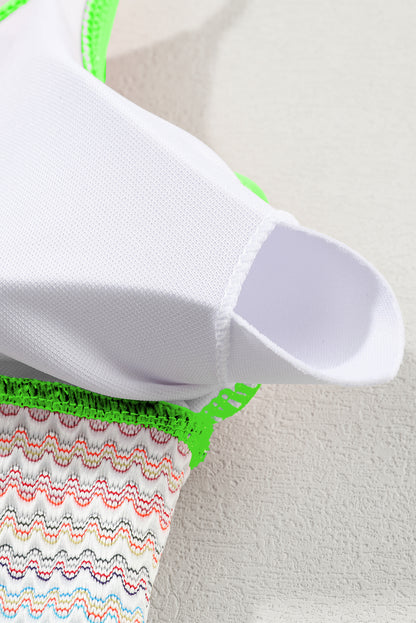 Peach Blossom Striped Patchwork Spaghetti Strap High Waist Bikini Swimsuit