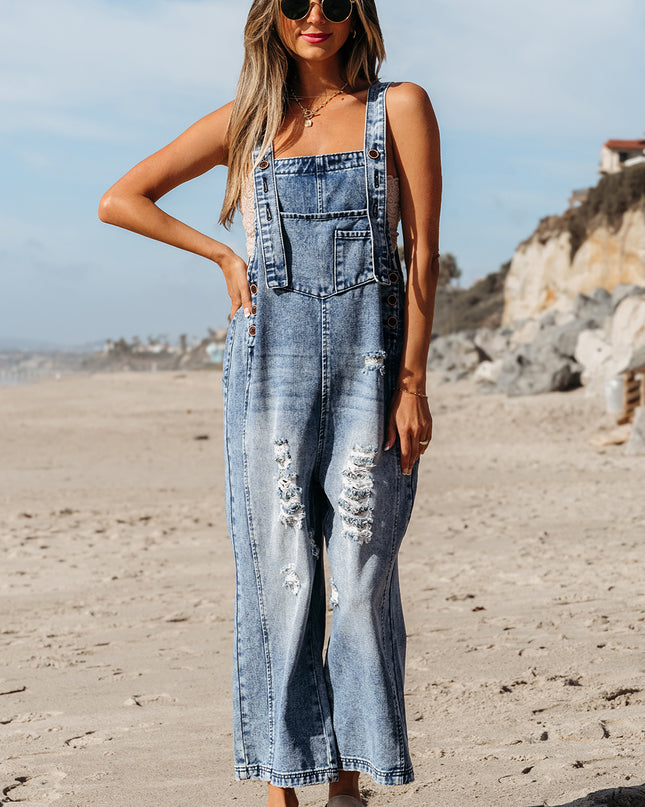 Stone Blue Distressed Bib Pocket Wide Leg Denim Overall
