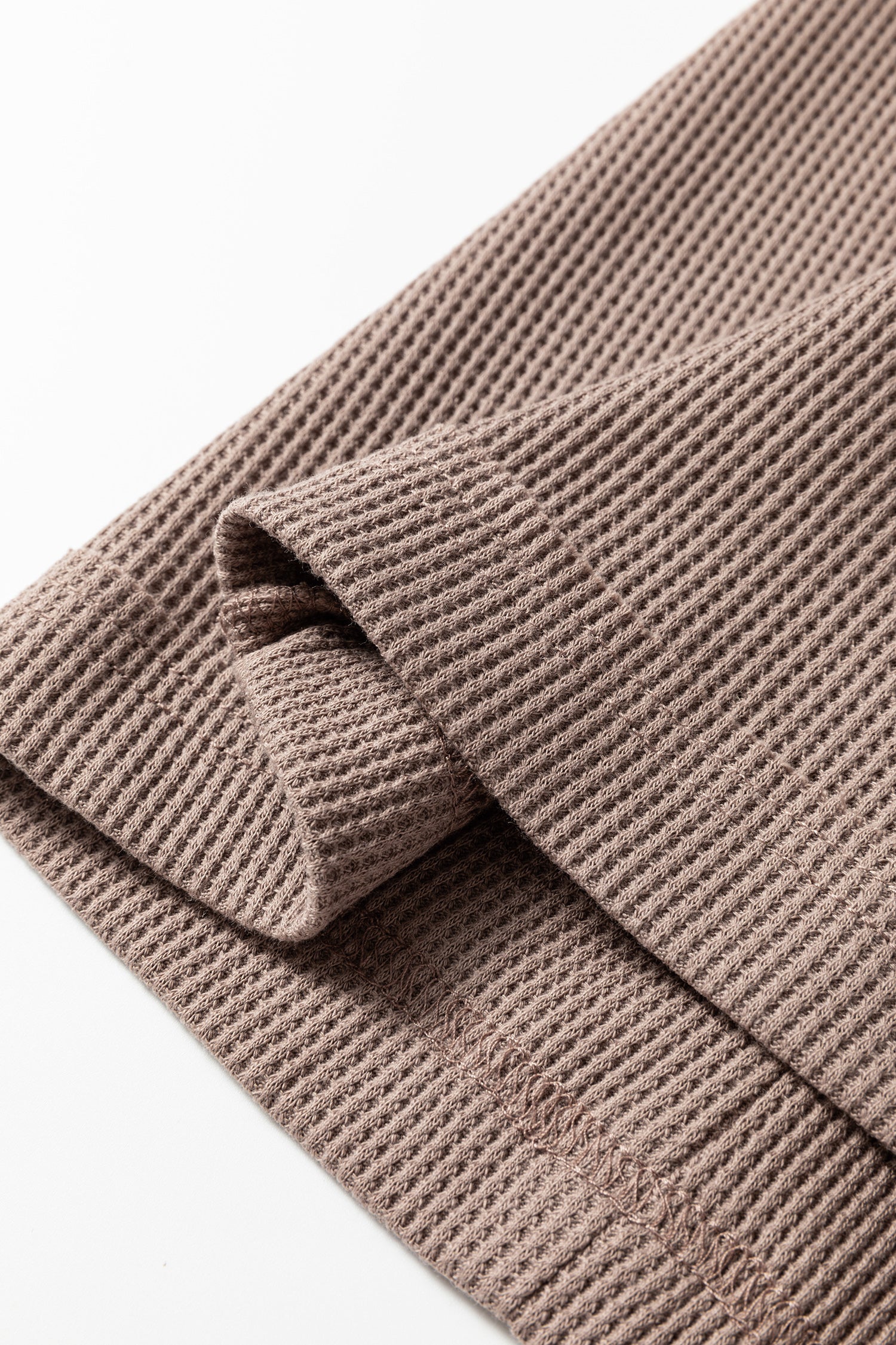 Beige Solid Color Waffle Knit Asymmetric Neck Long Sleeve Top