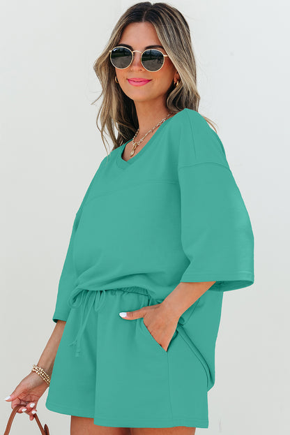 Meadow Mist Green Solid Loose V Neck Half Sleeve Tee and Shorts Set