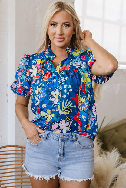 Blue Flower Print Collared V Neck Puff Short Sleeve Loose Blouse