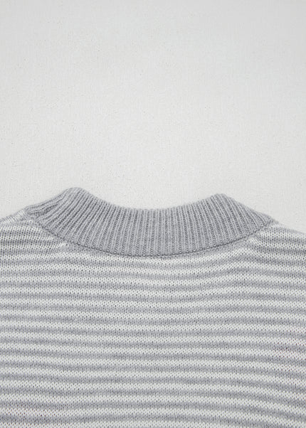 Gray Stripe Contrast Heart Pattern Valentine Knit Sweater