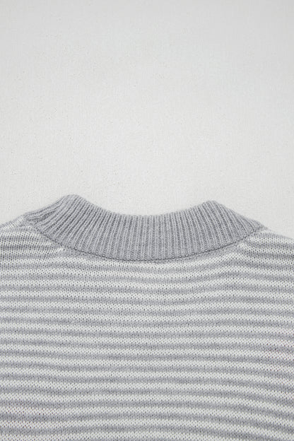 Gray Stripe Contrast Heart Pattern Valentine Knit Sweater