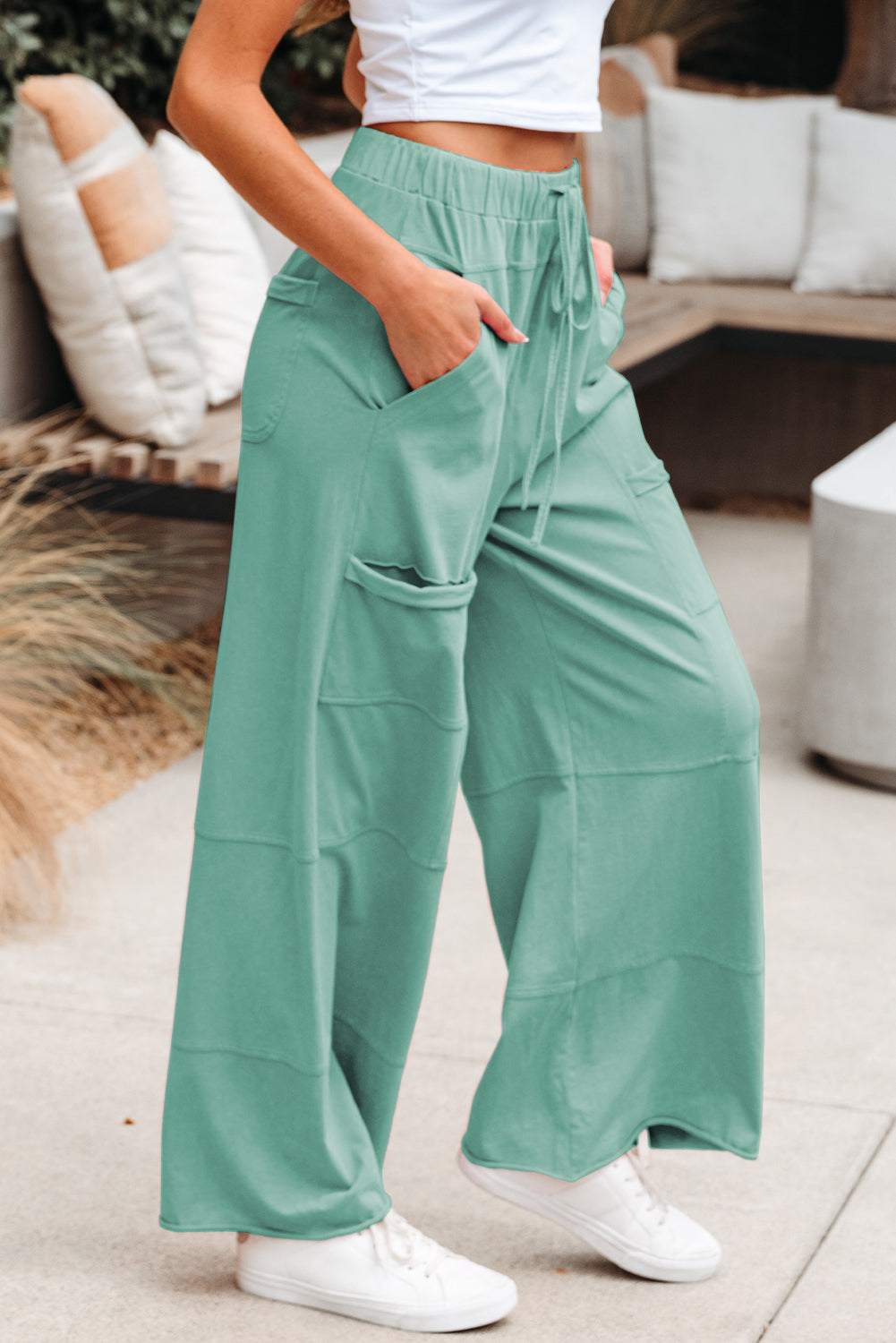 Bonbon Mineral Wash Exposed Seam Drawstring Elastic Waistband Wide Leg Cargo Pants