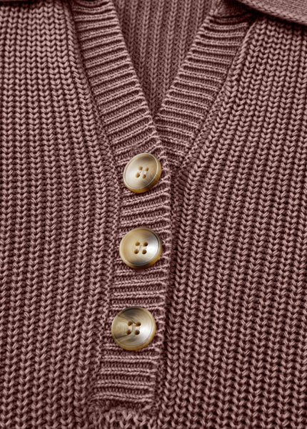 Dark Brown Washed Knit Button Polo Collar Loose Sweater