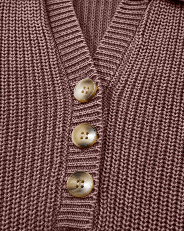 Dark Brown Washed Knit Button Polo Collar Loose Sweater