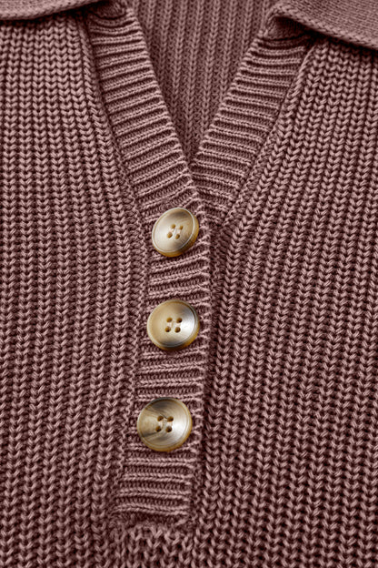 Dark Brown Mineral Washed Knit Button Polo Collar Loose Sweater