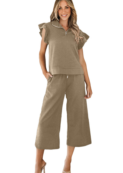 Black Textured Flutter Sleeve Top Wide Leg Pants Set