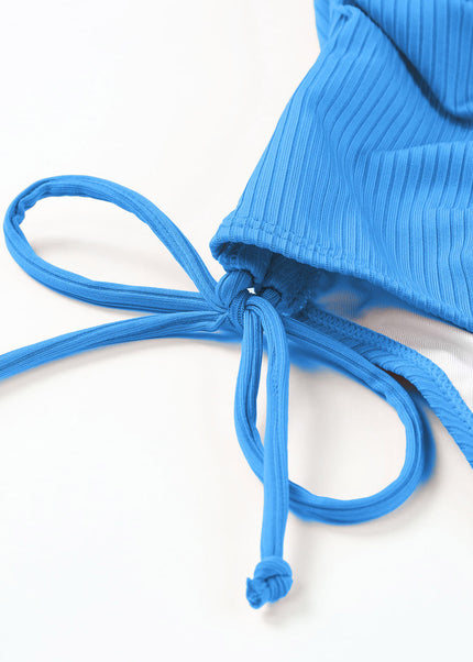 Sky Blue Adjustable Straps Ribbed Knit One Piece Swimsuit