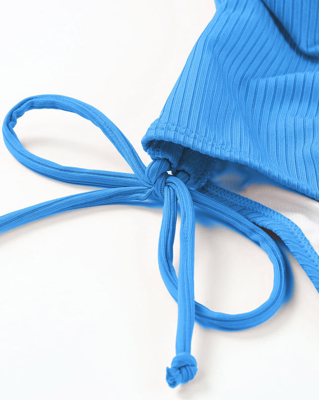 Sky Blue Adjustable Straps Ribbed Knit One Piece Swimsuit