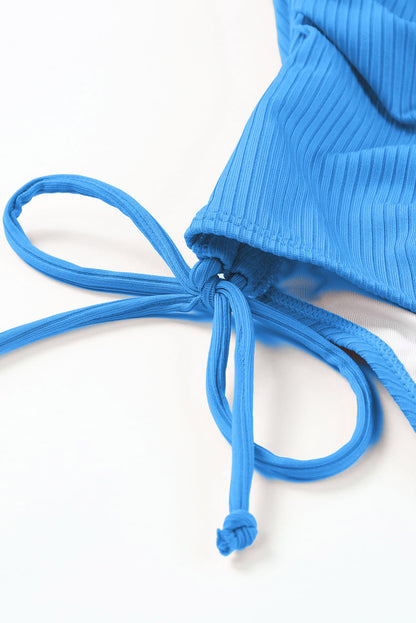 Sky Blue Adjustable Straps Ribbed Knit One Piece Swimsuit