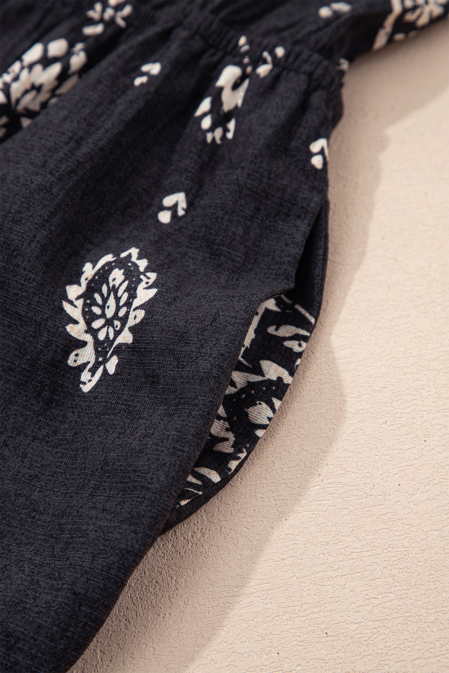 Black Spaghetti Straps Elastic Waist Loose Ethnic Print Jumpsuit