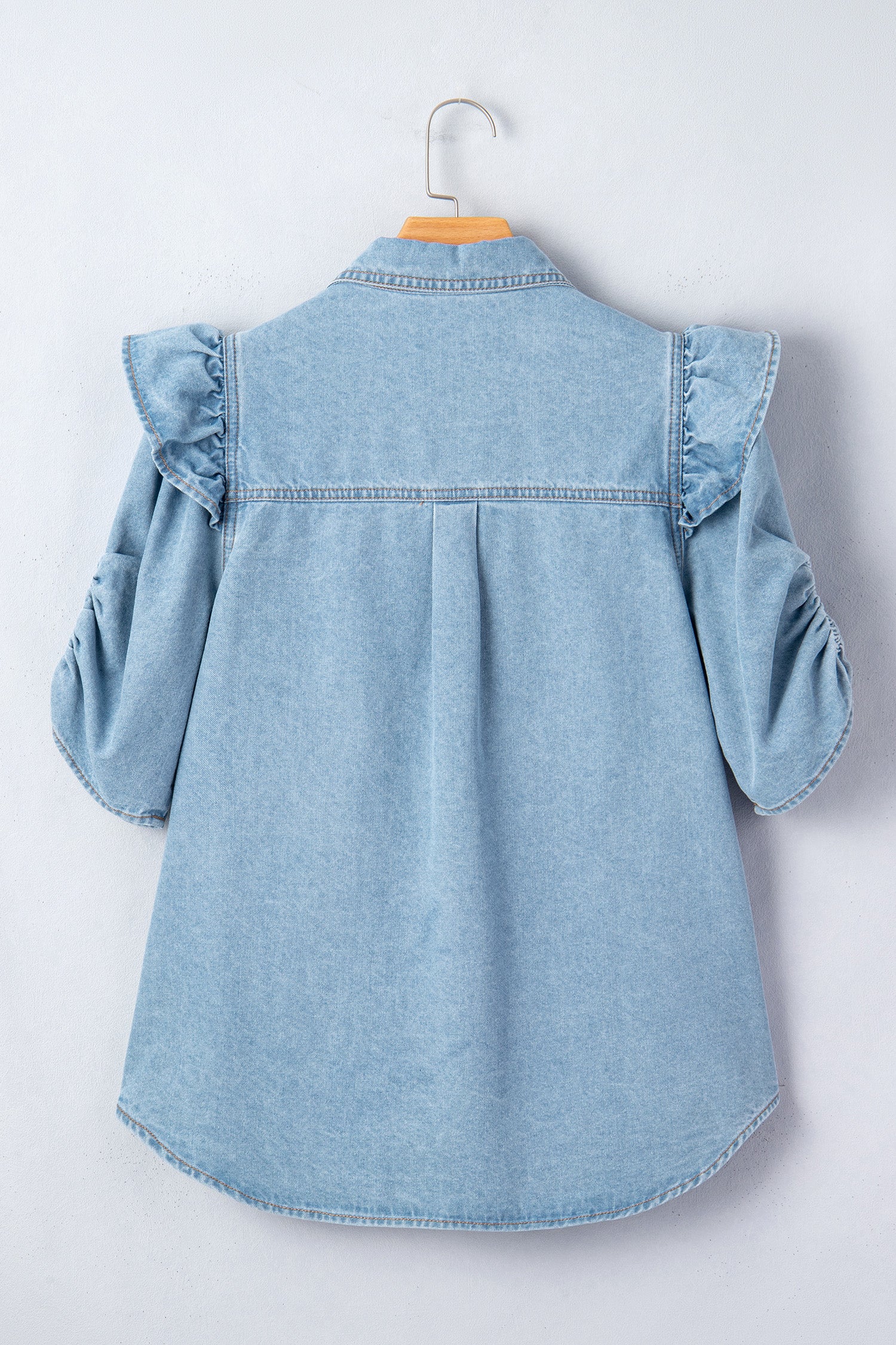 Myosotis Ruffle Detail Short Puff Sleeve Button Down Flap Pocket Denim Shirt