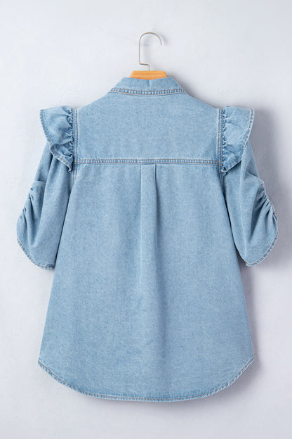 Myosotis Ruffle Detail Short Puff Sleeve Button Down Flap Pocket Denim Shirt