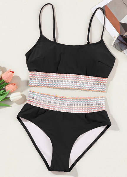 Peach Blossom Striped Patchwork Spaghetti Strap High Waist Bikini Swimsuit