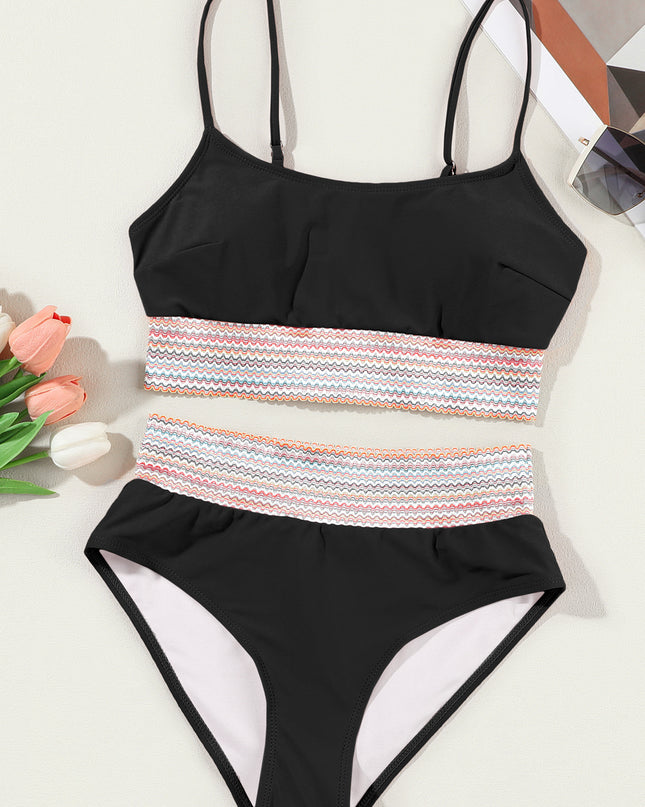 Peach Blossom Striped Patchwork Spaghetti Strap High Waist Bikini Swimsuit