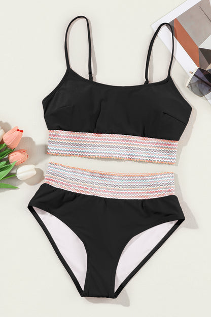 Peach Blossom Striped Patchwork Spaghetti Strap High Waist Bikini Swimsuit