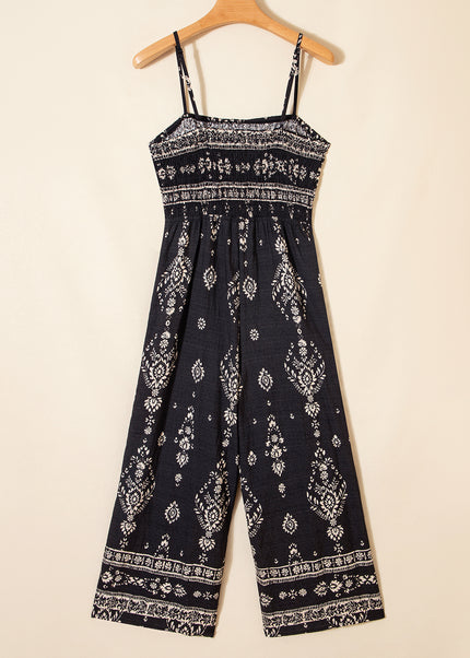 Black Spaghetti Straps Elastic Waist Loose Ethnic Print Jumpsuit