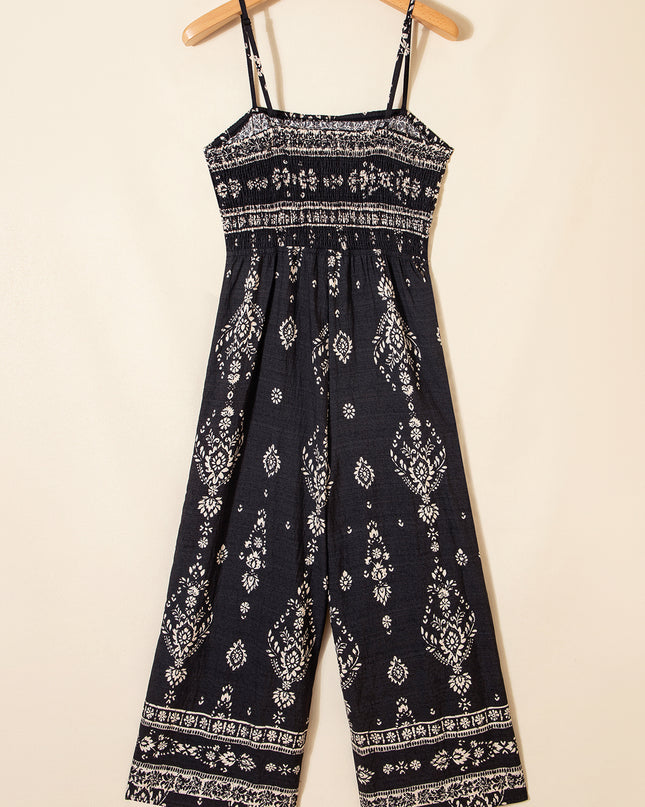 Black Spaghetti Straps Elastic Waist Loose Ethnic Print Jumpsuit