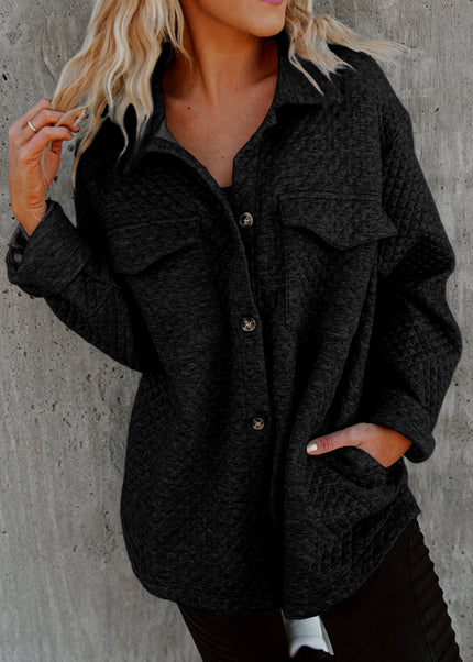 Black Retro Quilted Flap Pocket Button Shacket