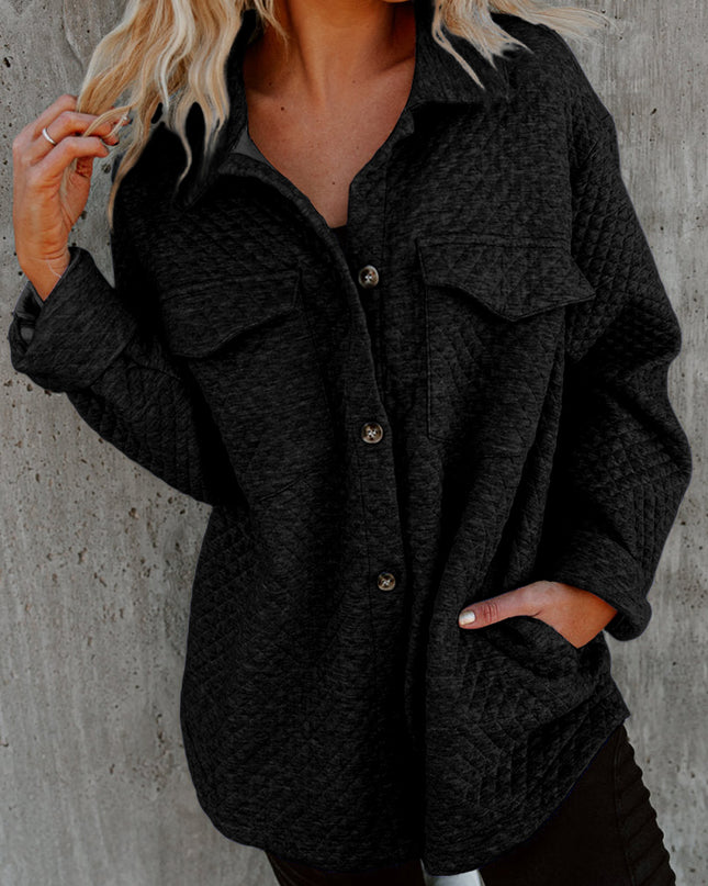 Black Retro Quilted Flap Pocket Button Shacket