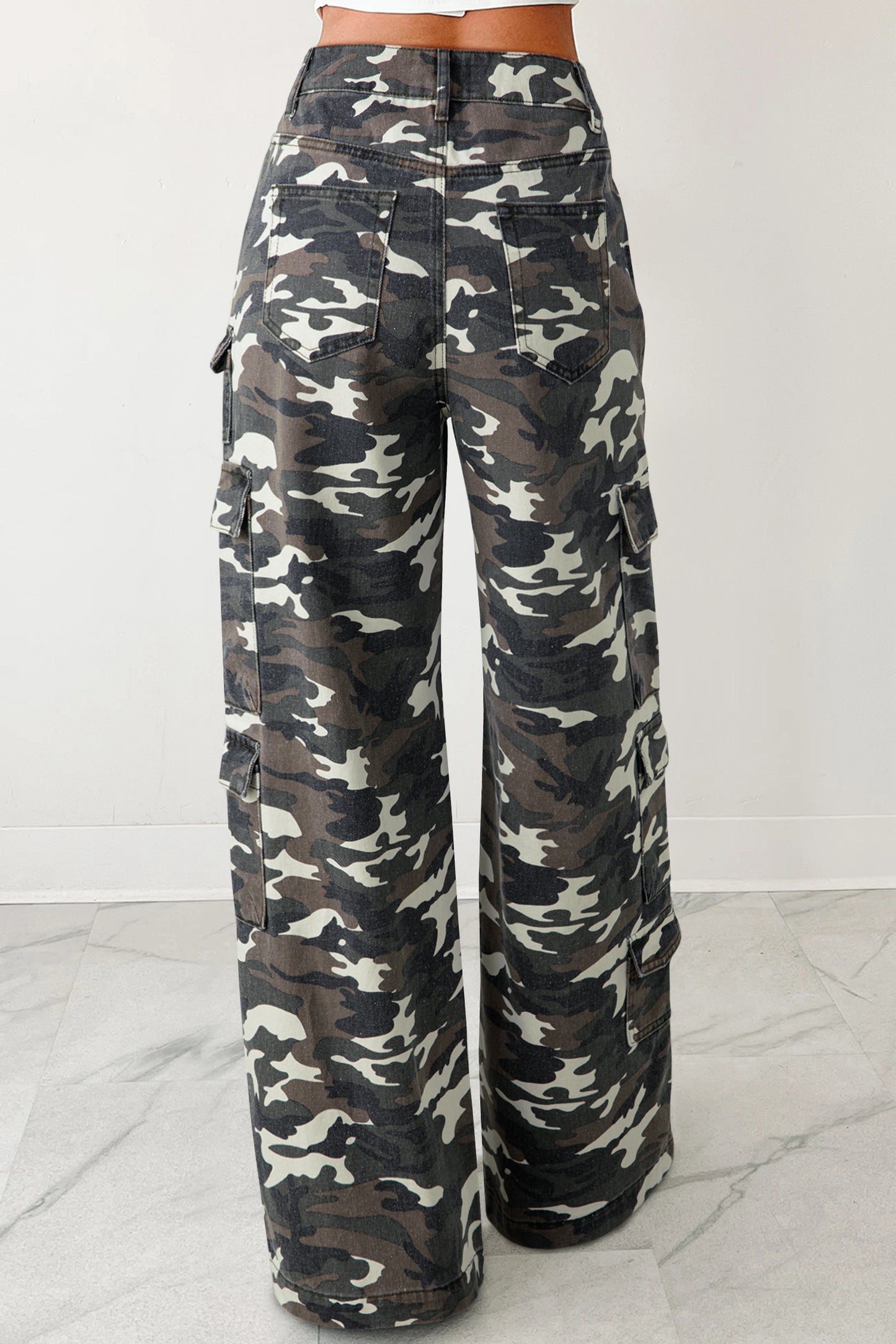 Green Camo Denim Cargo Wide Leg Pants