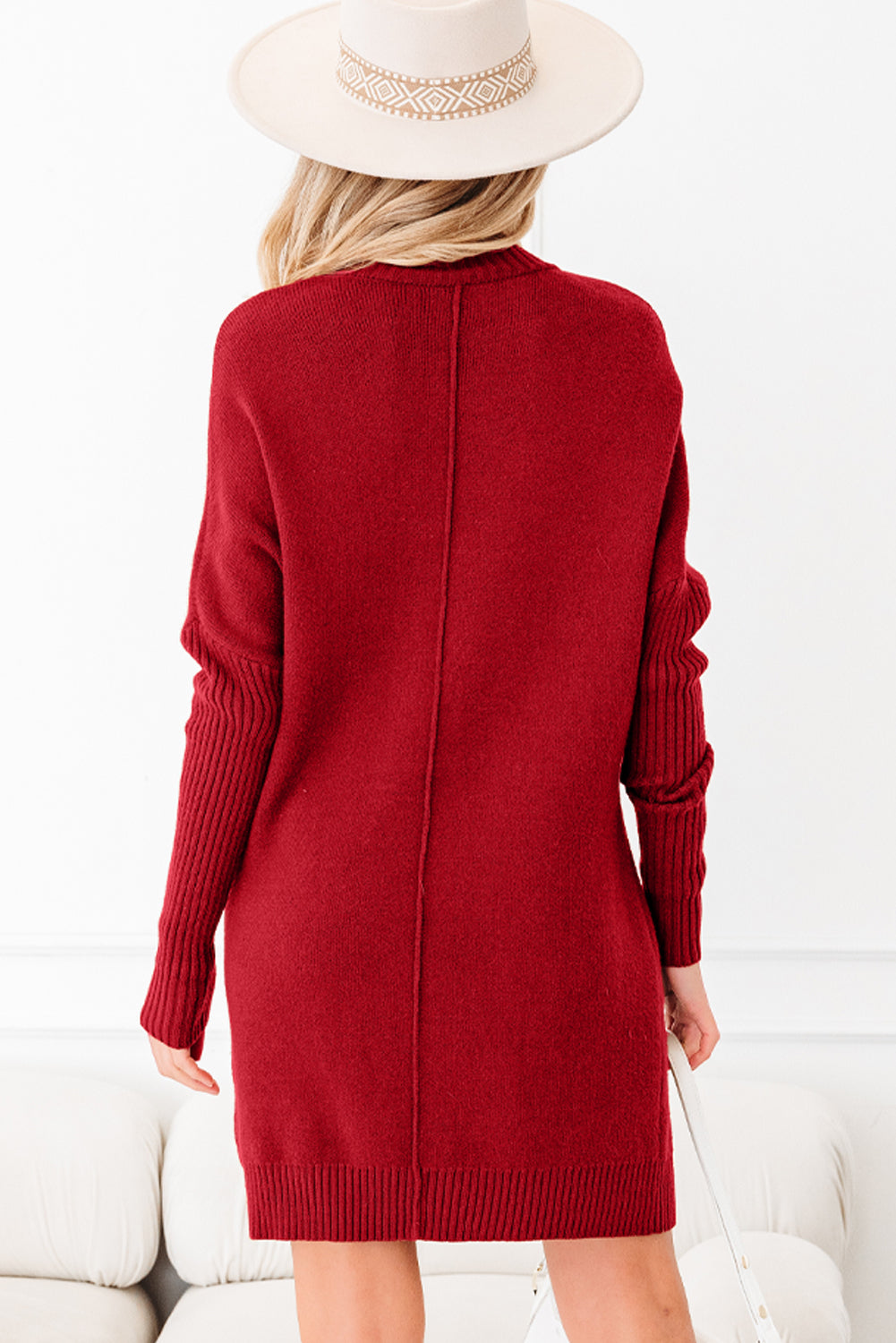 Chestnut Ribbed High Neck Front Pockets Center Seam Shift Sweater Dress