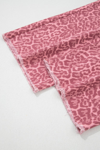 Rose Leopard Frayed Edge Wide Leg High Waist Jeans