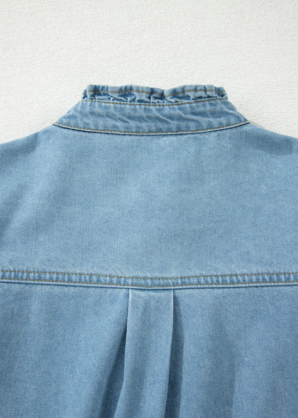 Myosotis Frilled Detail Button Down Ruffle Short Sleeve Denim Mini Dress