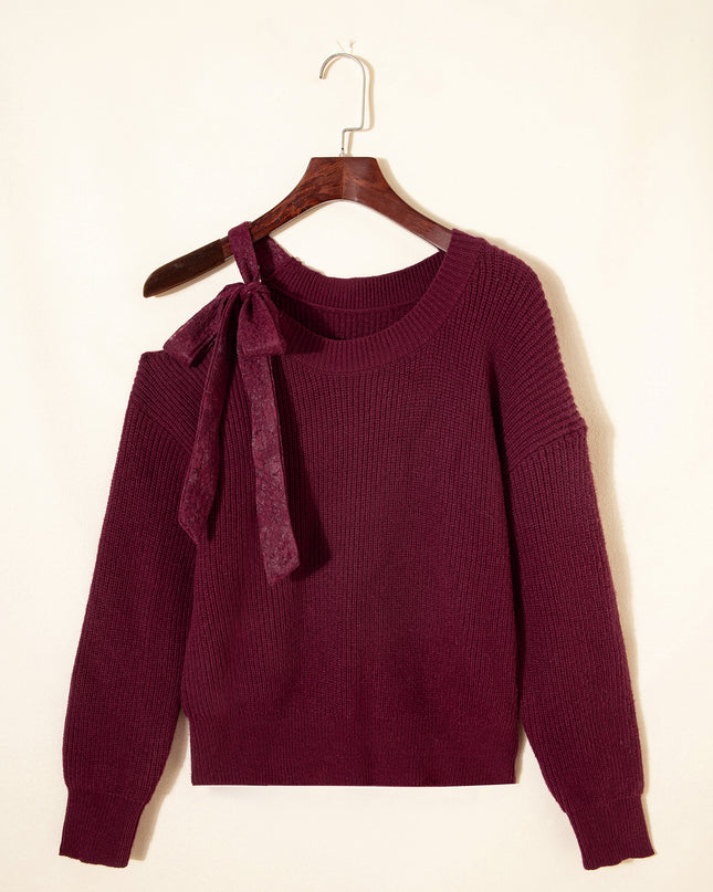 Burgundy Lace Bowknot Asymmetric Neck Sweater