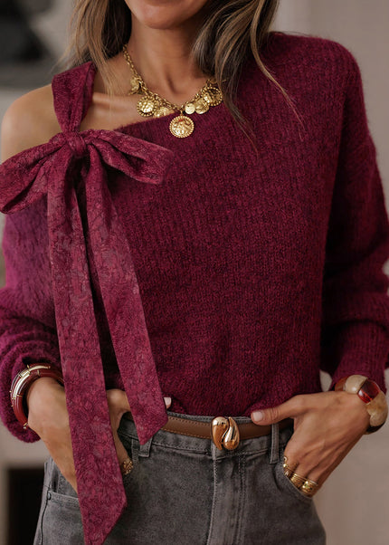 Burgundy Lace Bowknot Asymmetric Neck Sweater