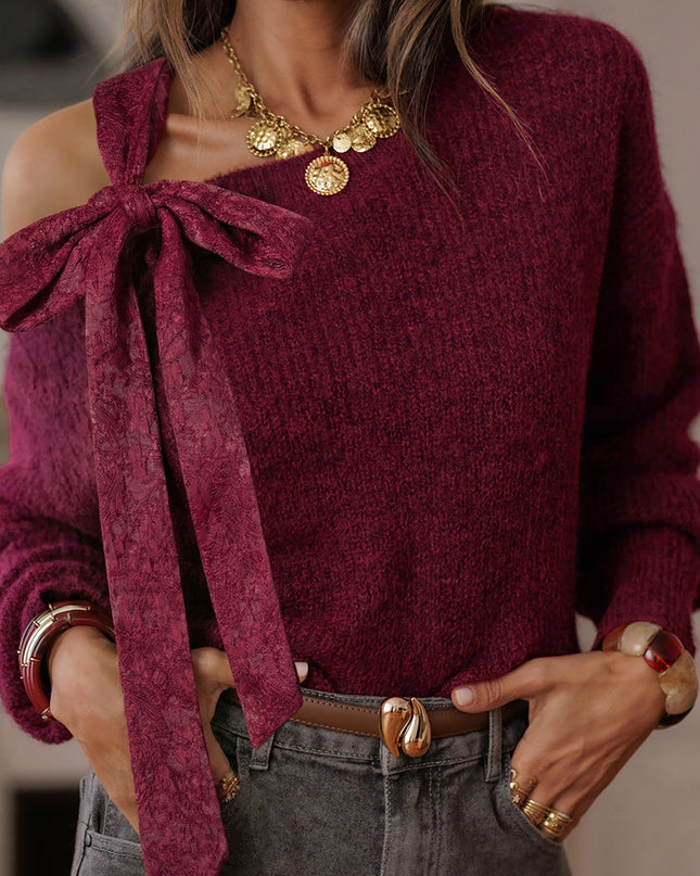 Burgundy Lace Bowknot Asymmetric Neck Sweater