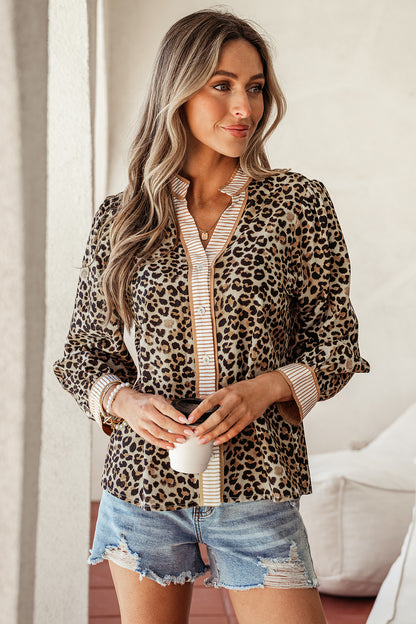 Khaki Contrast Striped Trim V Neck Leopard Shirt