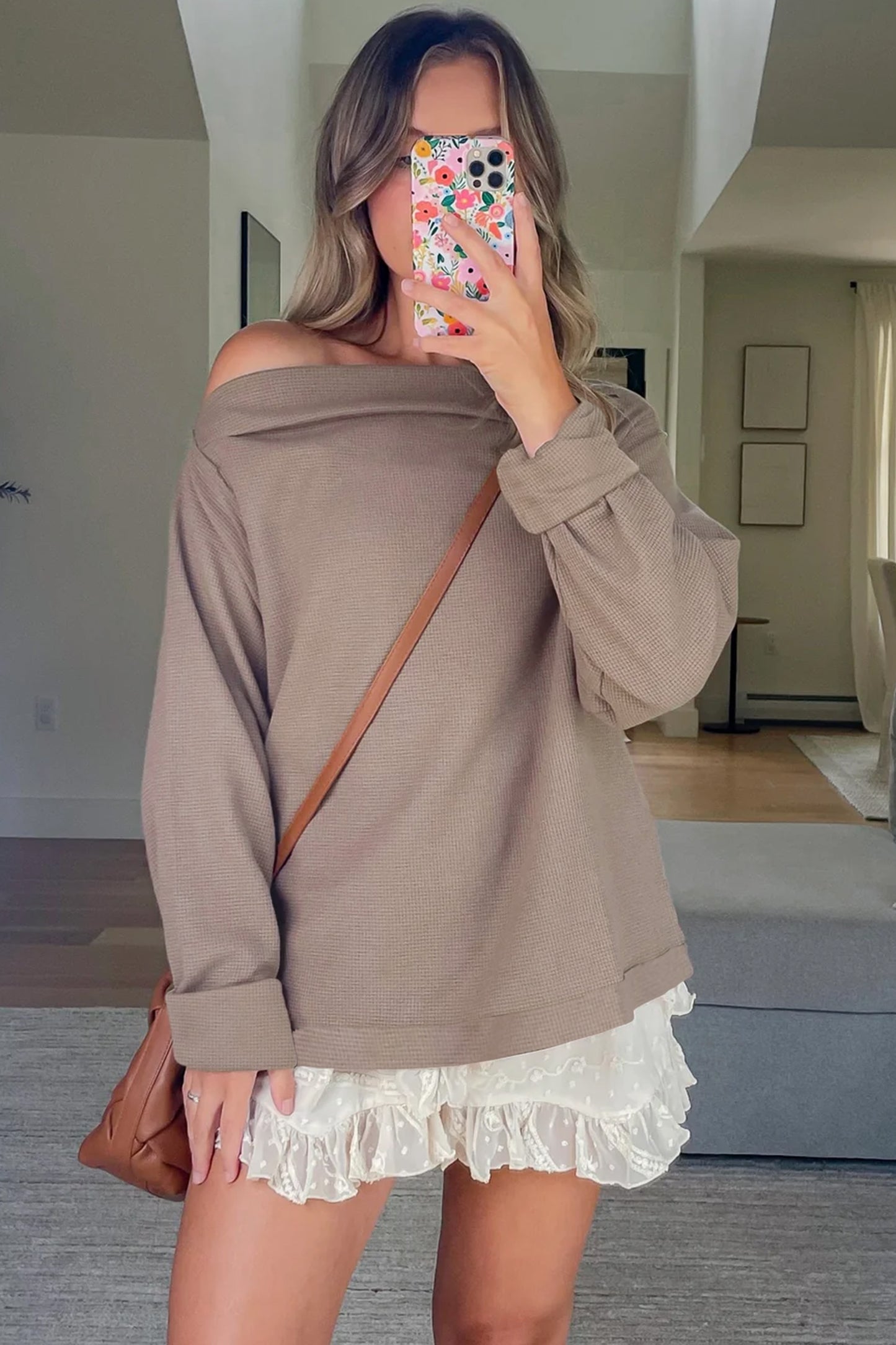 Beige Solid Color Waffle Knit Asymmetric Neck Long Sleeve Top