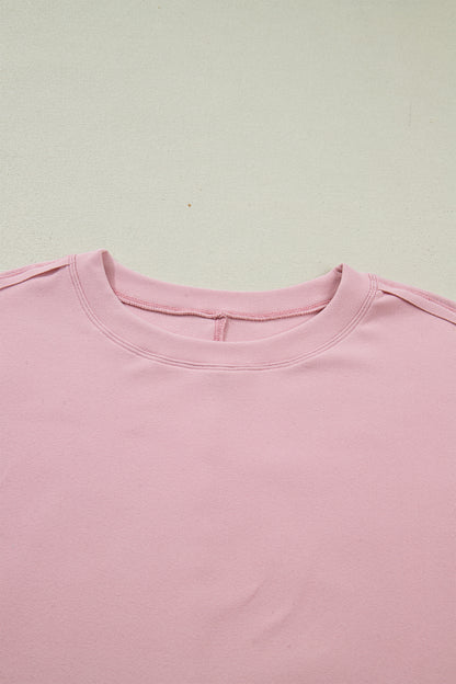 Light Pink Solid Color Bow Textured Patchwork Long Sleeve Tee