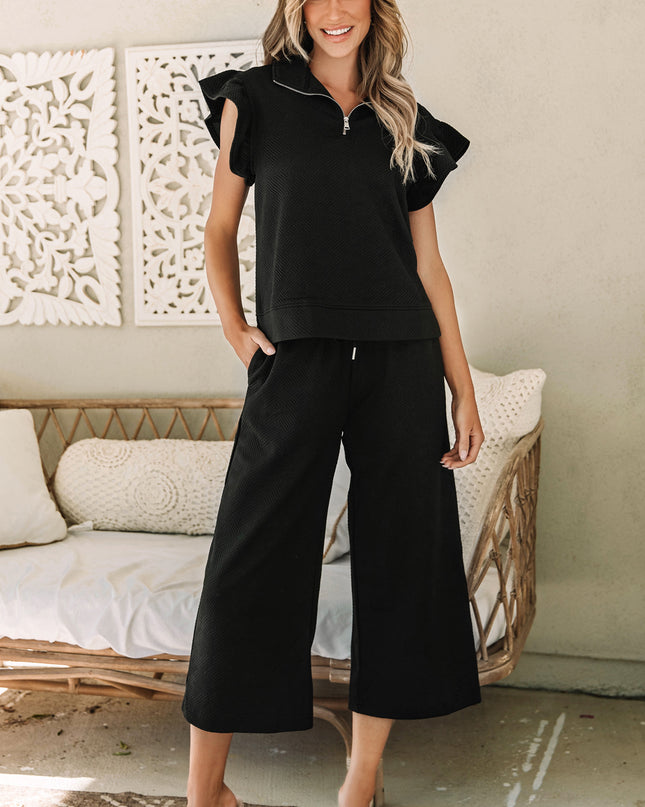 Black Textured Flutter Sleeve Top Wide Leg Pants Set