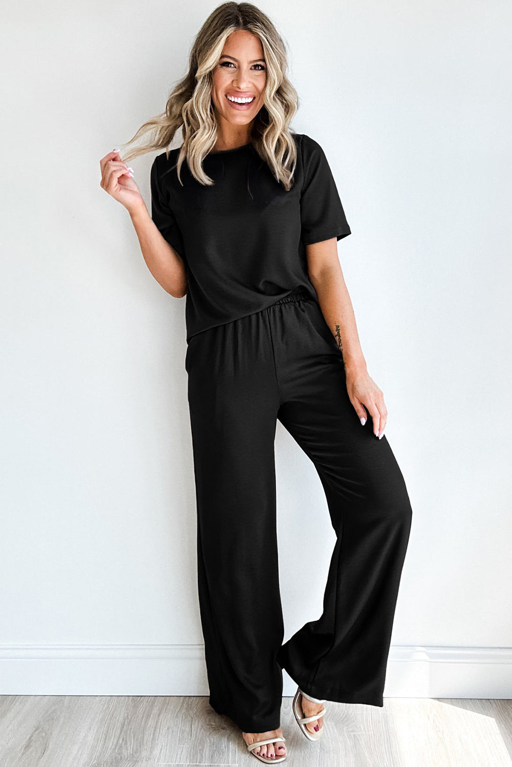 Black Solid Color T Shirt 2pcs Wide Leg Pants Set