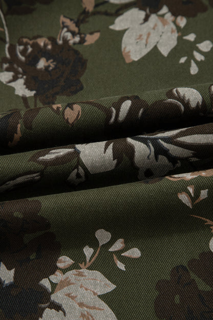 Green Vintage Floral Print Square Patch Pocket Raw Hem Shift Jeans