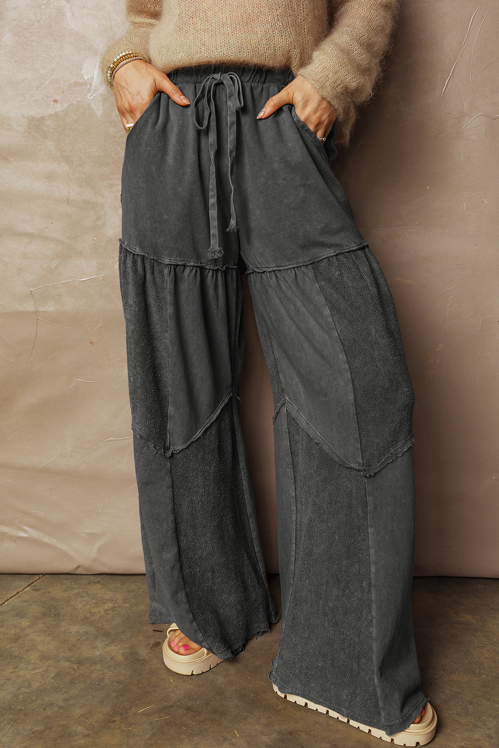 Careys Mineral Wash Tiered Wide Leg Patchwork Drawstring Pants