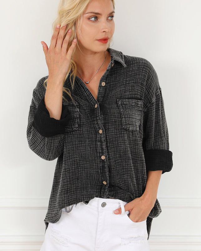 Black Crinkle Textured Chest Pockets Shirt