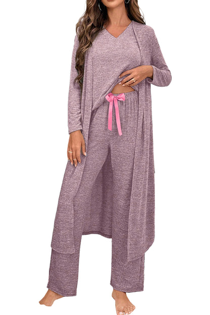 Dark Grey 3pcs V Neck T Shirt Ribbon Knot Pants Open Duster 3pcs Lounge Set