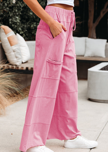 Bonbon Exposed Seam Drawstring Elastic Waistband Wide Leg Cargo Pants