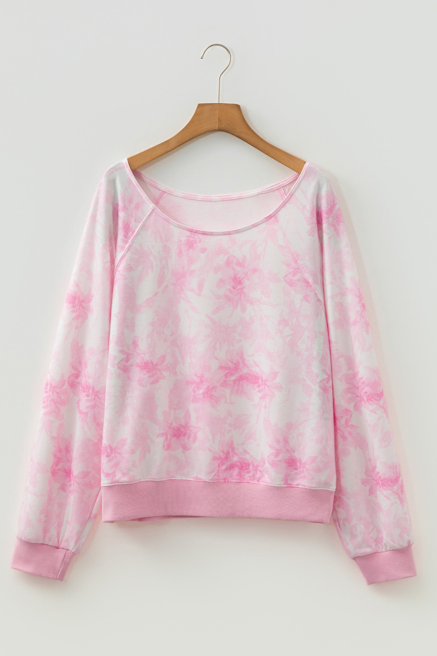 Pink Abstract Woodland Print Asymmetric Shoulder Long Sleeve Top