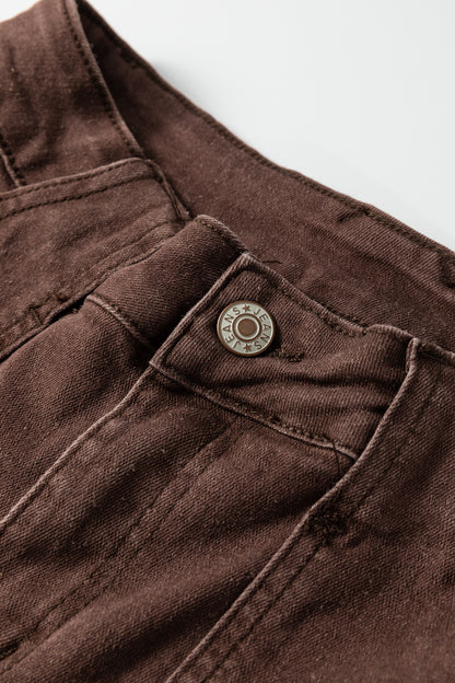 Dark Brown Retro Washed Patch Pocket Loose Jeans