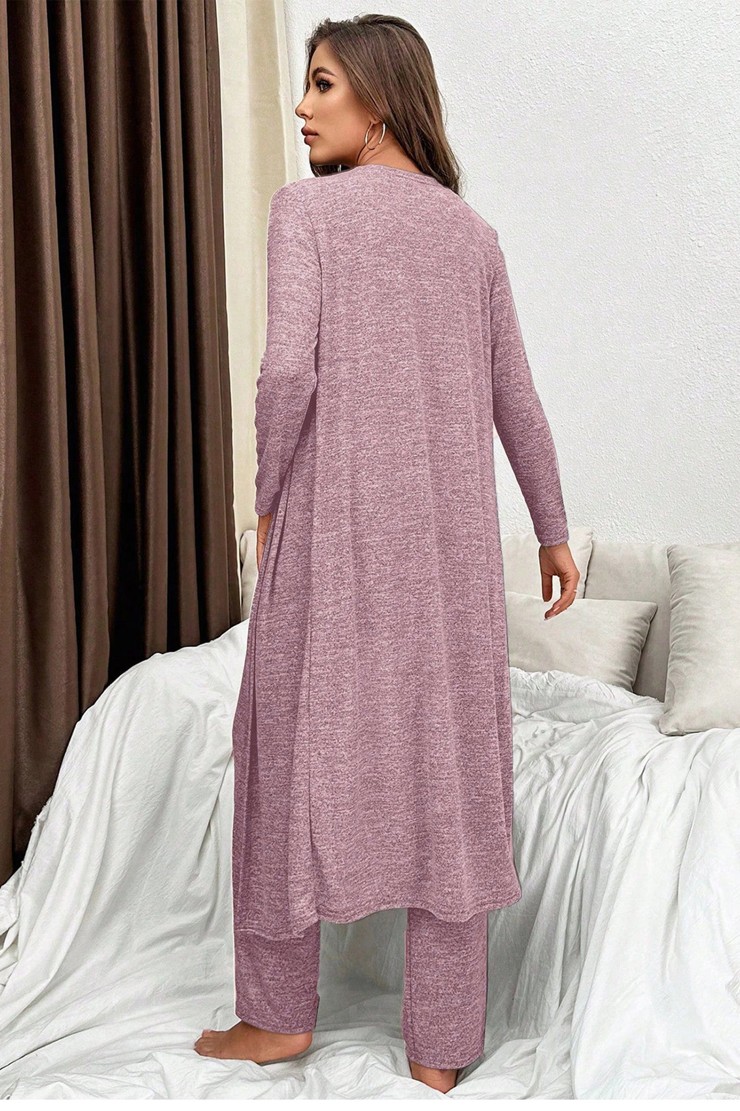 Dark Grey 3pcs V Neck T Shirt Ribbon Knot Pants Open Duster 3pcs Lounge Set