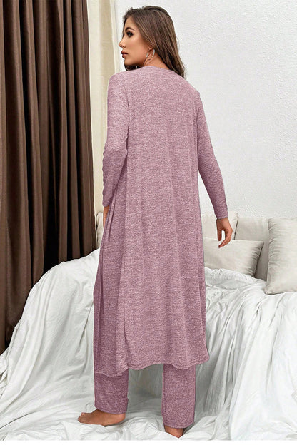 Dark Grey 3pcs V Neck T Shirt Ribbon Knot Pants Open Duster 3pcs Lounge Set
