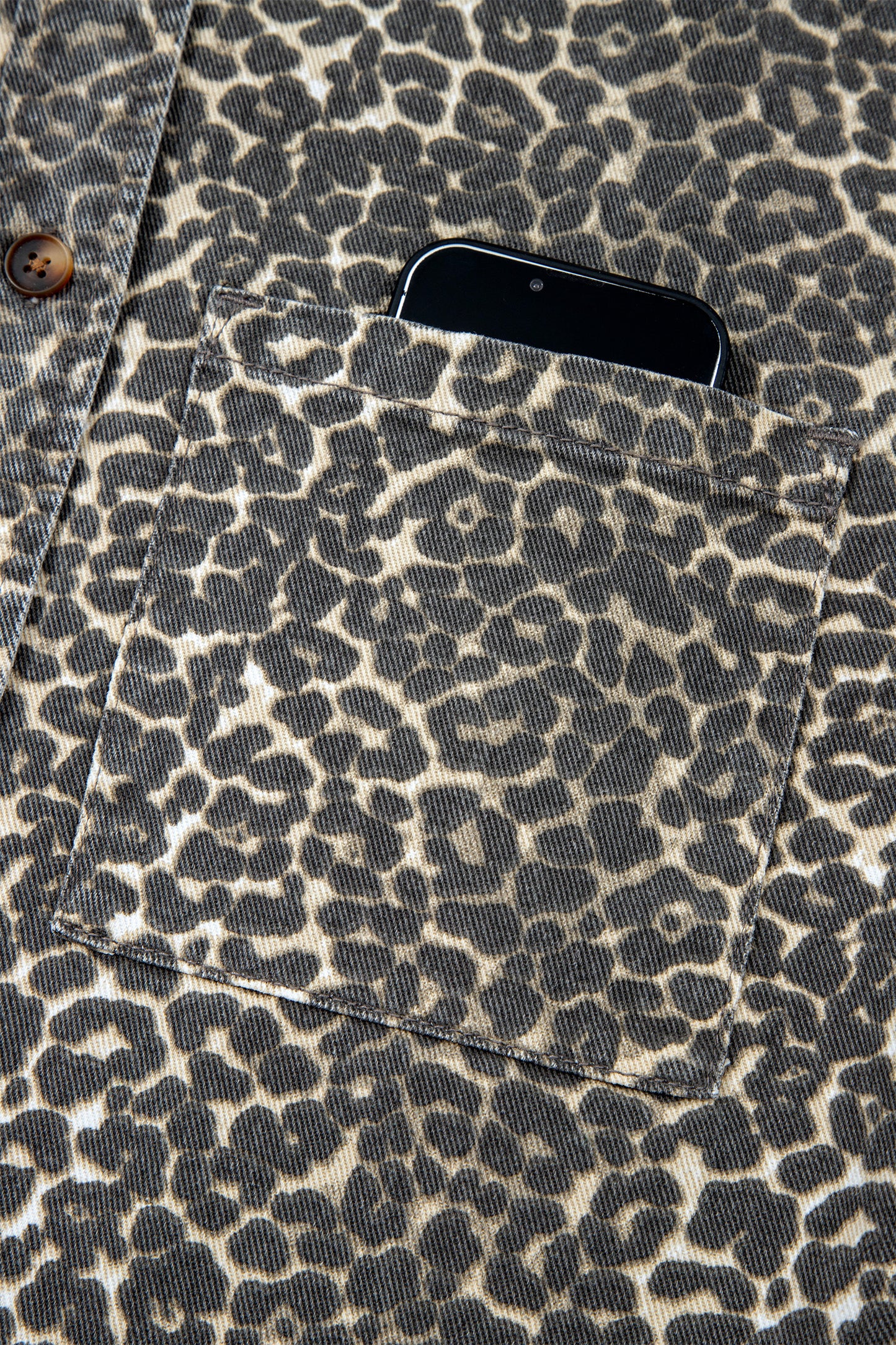 Gray Vintage Leopard Print Short Sleeve Loose Cotton Denim Shirt