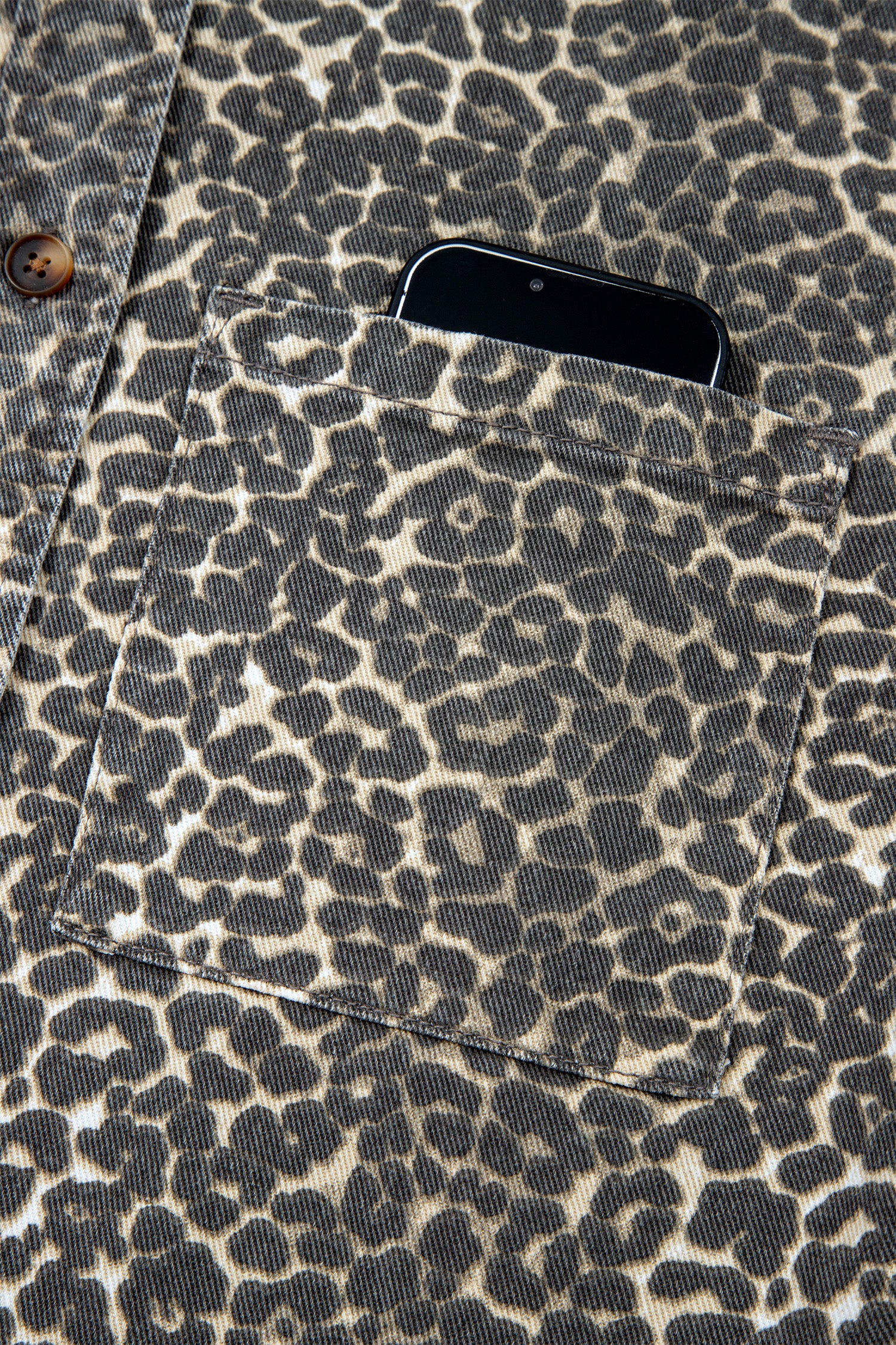 Gray Vintage Leopard Print Short Sleeve Loose Cotton Denim Shirt