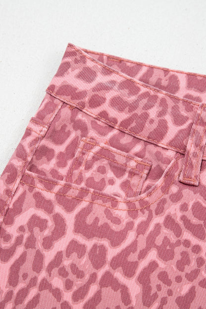 Rose Leopard Frayed Edge Wide Leg High Waist Jeans