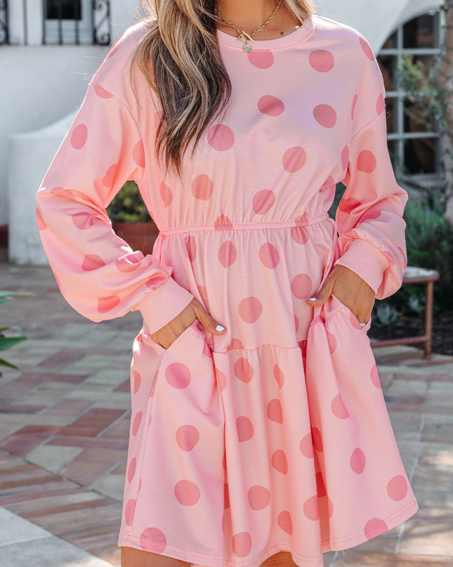 White Polka Dot Printed Long Sleeve Flared Mini Dress